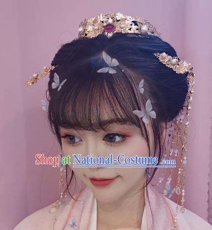 Traditional Chinese Classical Golden Hair Crown Hairpins Ancient Princess Hanfu Hair Accessories for Women