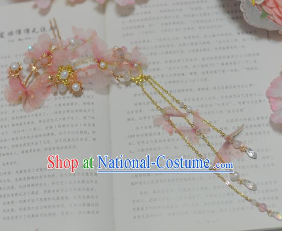 Traditional Chinese Classical Pink Silk Butterfly Hairpins Ancient Princess Hanfu Hair Accessories for Women