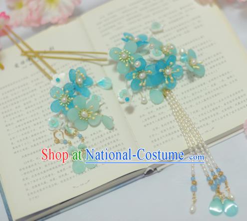 Traditional Chinese Classical Blue Plum Blossom Hairpins Ancient Princess Hanfu Hair Accessories for Women