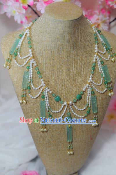 Traditional Chinese Hanfu Green Jade Pearls Necklace Ancient Princess Tassel Necklet Accessories for Women