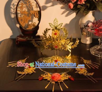 Traditional Chinese Cosplay Princess Golden Hairpins Ancient Bride Phoenix Coronet Hair Accessories for Women