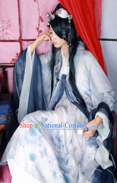 Traditional Chinese Cosplay Female Knight Swordsman Grey Dress Ancient Princess Costume for Women