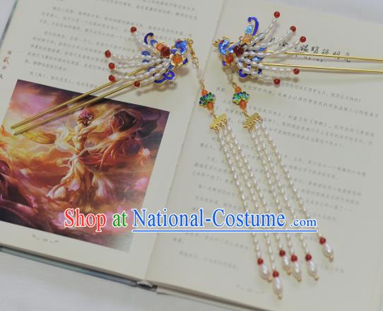 Traditional Chinese Classical Pearls Phoenix Tassel Hairpins Ancient Princess Hanfu Hair Accessories for Women