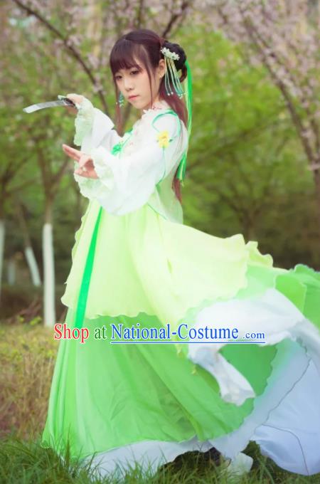 Chinese Tang Dynasty Female Swordsman Green Dress Ancient Princess Peri Costume for Women