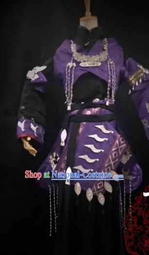 Chinese Cosplay Tang Dynasty Female Swordsman Purple Short Dress Ancient Princess Peri Costume for Women