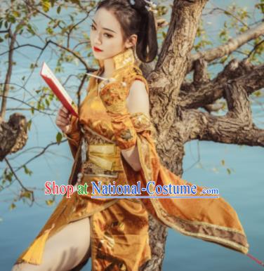 Chinese Cosplay Tang Dynasty Female Swordsman Golden Embroidered Dress Ancient Princess Peri Costume for Women