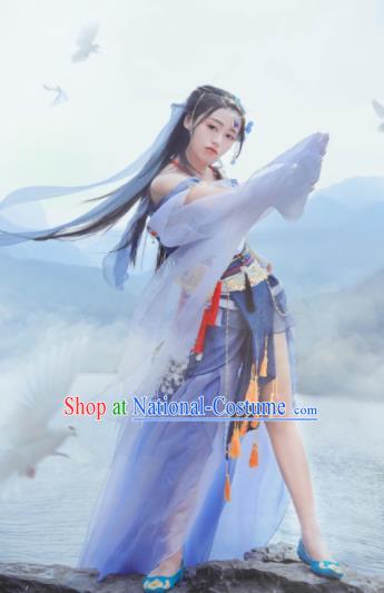 Chinese Cosplay Female Swordsman Blue Dress Ancient Princess Peri Costume for Women