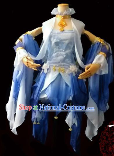 Chinese Cosplay Heroine Female Swordsman Blue Short Dress Ancient Princess Peri Costume for Women