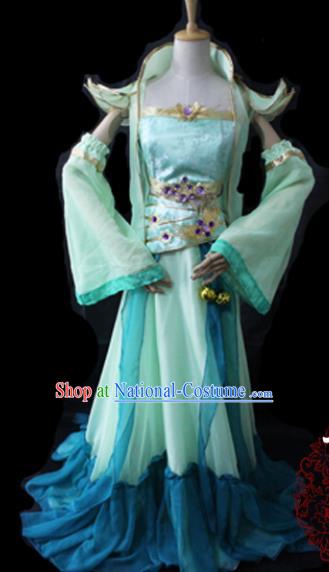 Chinese Cosplay Game Fairy Princess Green Dress Ancient Female Swordsman Knight Costume for Women