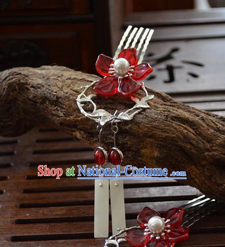 Traditional Chinese Classical Red Plum Hair Comb Hairpins Ancient Princess Hanfu Hair Accessories for Women