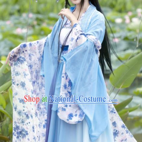 Chinese Cosplay Goddess Fairy Princess Blue Dress Ancient Female Swordsman Knight Costume for Women