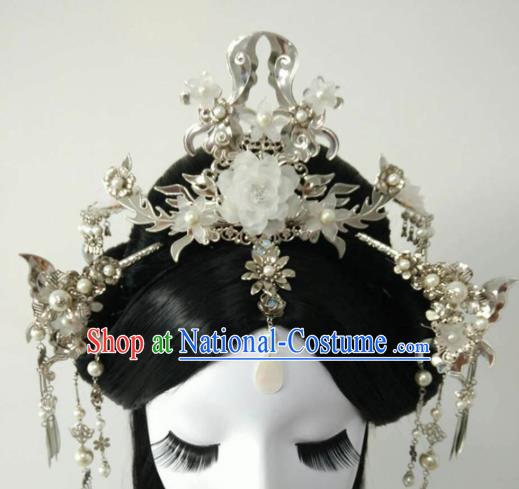 Traditional Chinese Classical Hairpins White Peony Hair Crown Ancient Princess Hanfu Hair Accessories for Women