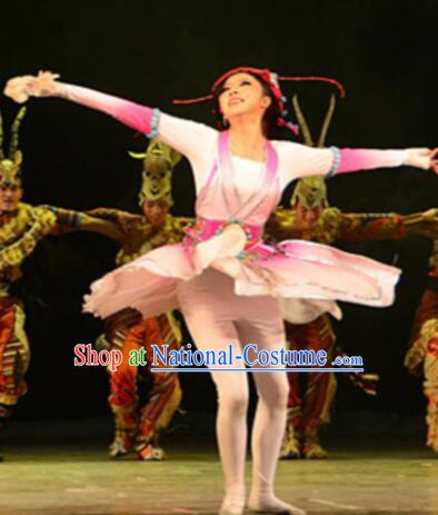 Chinese Tamrac Heaven Zang Nationality Dance Pink Dress Stage Performance Costume and Headpiece for Women