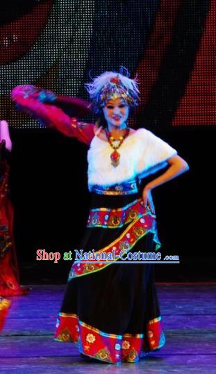 Chinese Tamrac Heaven Zang Nationality Folk Dance Black Dress Stage Performance Costume and Headpiece for Women