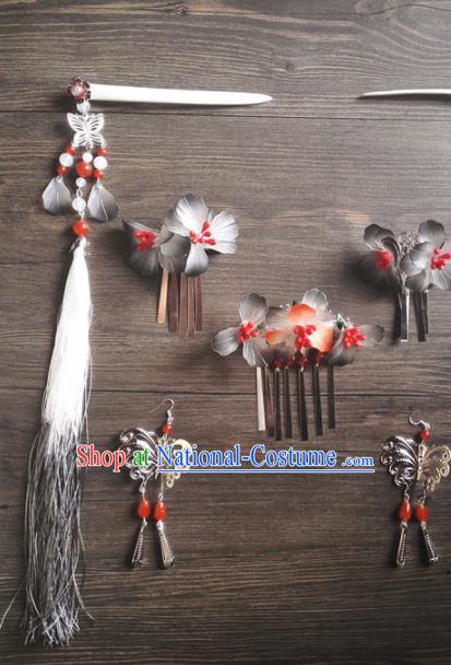 Traditional Chinese Classical Grey Flowers Hair Comb Tassel Hairpins Ancient Princess Hanfu Hair Accessories for Women