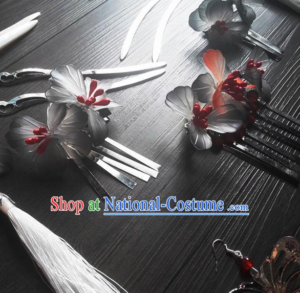 Traditional Chinese Classical Grey Flowers Hair Comb Tassel Hairpins Ancient Princess Hanfu Hair Accessories for Women