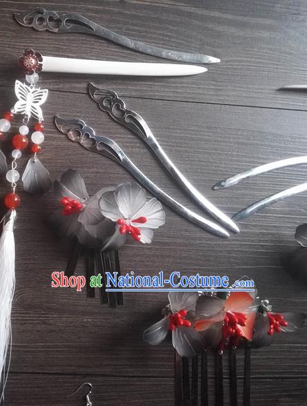 Traditional Chinese Classical Grey Flowers Hair Comb Tassel Hairpins Ancient Princess Hanfu Hair Accessories for Women