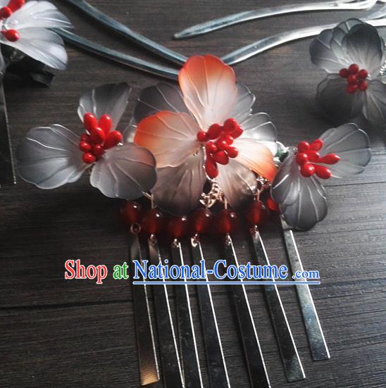 Traditional Chinese Classical Grey Flowers Hair Comb Tassel Hairpins Ancient Princess Hanfu Hair Accessories for Women