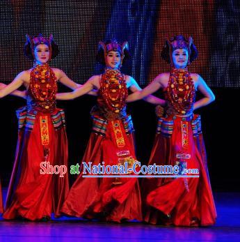 Chinese Tamrac Heaven Zang Nationality Folk Dance Red Dress Stage Performance Costume and Headpiece for Women