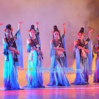 Chinese Tamrac Heaven Classical Dance Blue Dress Stage Performance Costume and Headpiece for Women