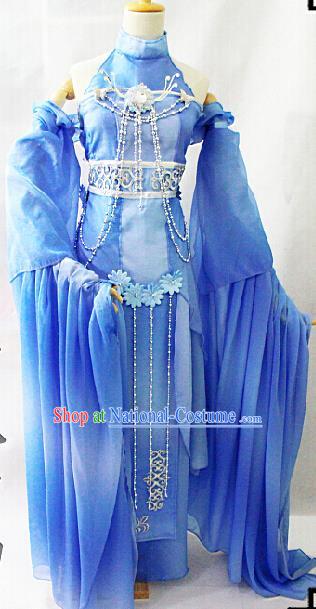 Chinese Cosplay Goddess Fairy Blue Dress Ancient Female Swordsman Knight Costume for Women