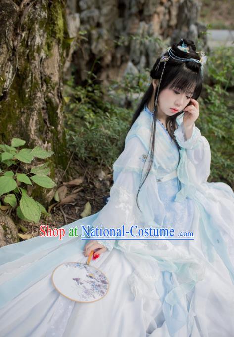 Chinese Cosplay Goddess Princess Light Blue Dress Ancient Female Swordsman Knight Costume for Women