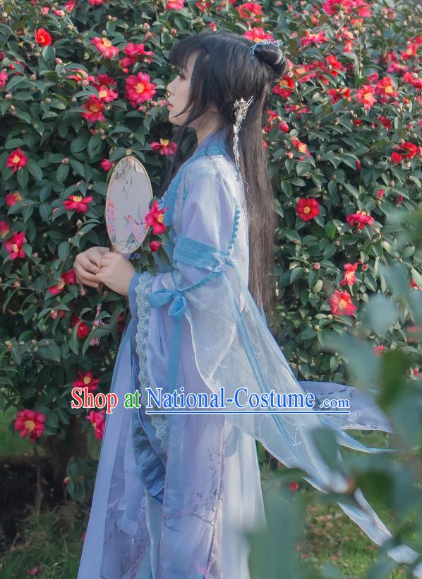 Chinese Cosplay Tang Dynasty Princess Blue Dress Ancient Female Swordsman Knight Costume for Women