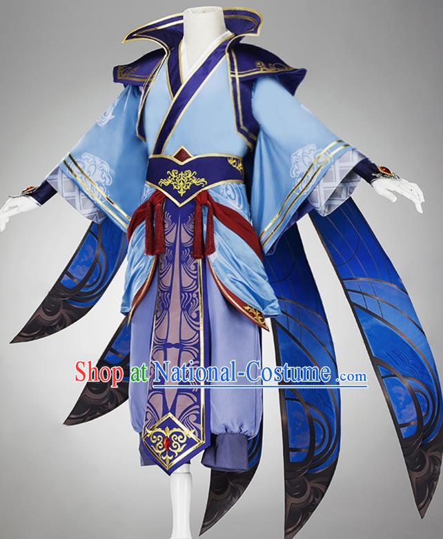 Traditional Chinese Cosplay Taoist Priest Blue Clothing Ancient Swordsman Costume for Men