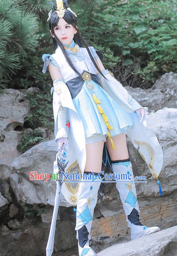 Traditional Chinese Cosplay Swordswoman Blue Short Dress Ancient Princess Heroine Costume for Women