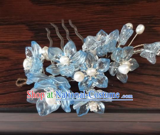 Traditional Chinese Hanfu Palace Blue Flowers Hair Comb Hairpins Ancient Princess Hair Accessories for Women