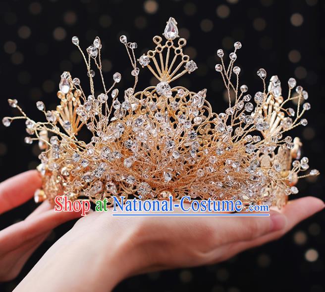 Top Grade Bride Beads Golden Royal Crown Handmade Wedding Hair Accessories for Women