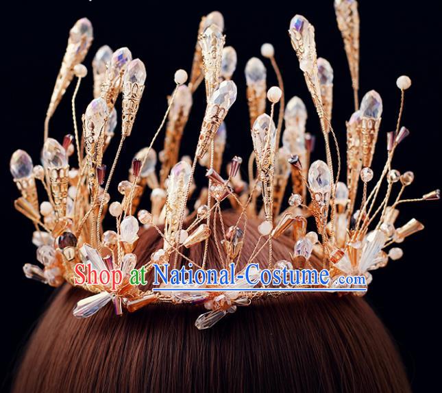 Top Grade Bride Beads Golden Round Royal Crown Handmade Wedding Hair Accessories for Women