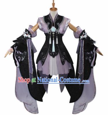 Traditional Chinese Cosplay Swordswoman Purple Short Dress Ancient Fairy Princess Costume for Women