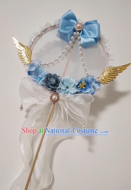 Handmade Chinese Silk Palace Fans Wedding Blue Roses Round Fan for Women