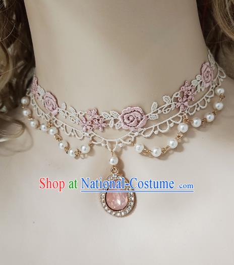 Top Grade Gothic Princess Pink Lace Rose Necklace Handmade Necklet Accessories for Women