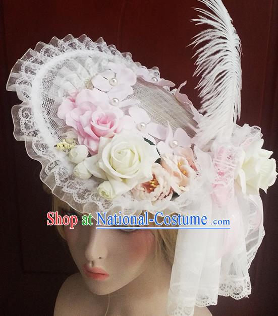 Top Grade Baroque Bride White Feather Lace Top Hat Handmade Wedding Hair Accessories for Women