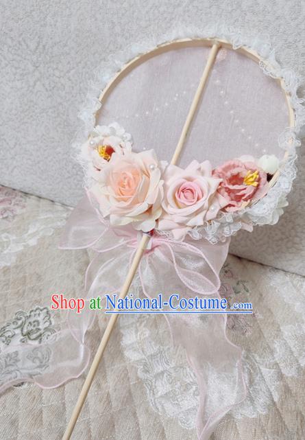 Handmade Chinese Silk Palace Fans Wedding Pink Roses Round Fan for Women