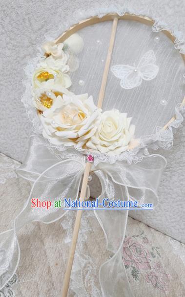 Handmade Chinese Silk Palace Fans Wedding Beige Roses Round Fan for Women