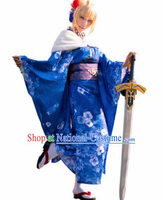 Traditional Japanese Cosplay Geisha Printing Blue Kimono Japan Yukata Dress for Women