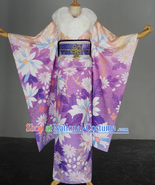 Traditional Japanese Cosplay Geisha Printing Purple Kimono Japan Yukata Dress for Women