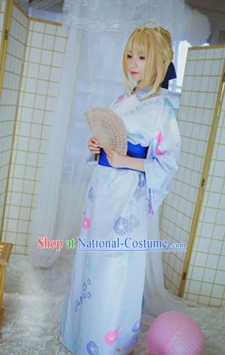 Traditional Japanese Cosplay Geisha Printing Petunia Kimono Japan Yukata Dress for Women