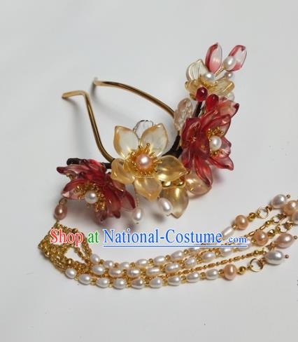 Traditional Chinese Hanfu Red Flowers Pearls Tassel Hairpins Ancient Princess Hair Accessories for Women