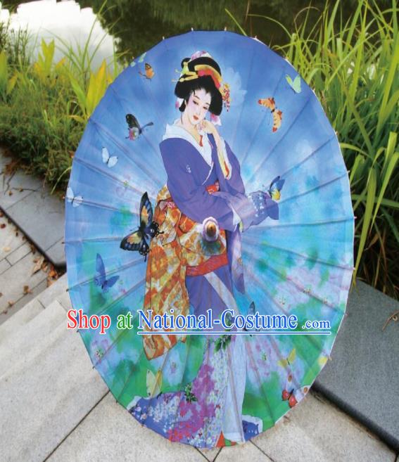 Japanese Handmade Printing Kimono Beauty Blue Oil Paper Umbrella Traditional Umbrellas