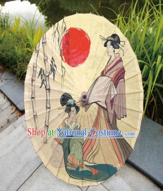 Japanese Handmade Printing Beauty Bamboo Yellow Oil Paper Umbrella Traditional Umbrellas