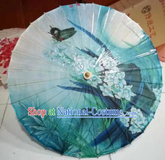 Chinese Handmade Printing Flowers Butterfly Blue Oil Paper Umbrella Traditional Umbrellas