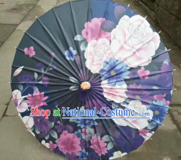 Chinese Handmade Printing Flowers Black Oil Paper Umbrella Traditional Umbrellas