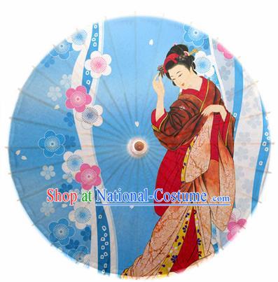 Japanese Handmade Printing Beauty Sakura Blue Oil Paper Umbrella Traditional Dance Umbrellas