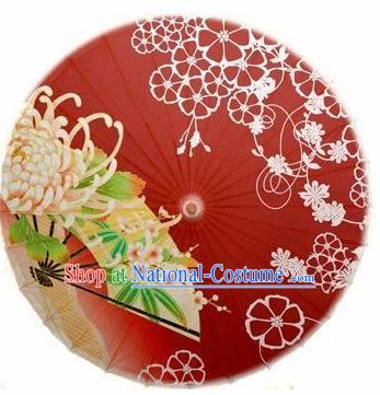 Japanese Handmade Printing Chrysanthemum Red Oil Paper Umbrella Traditional Dance Umbrellas