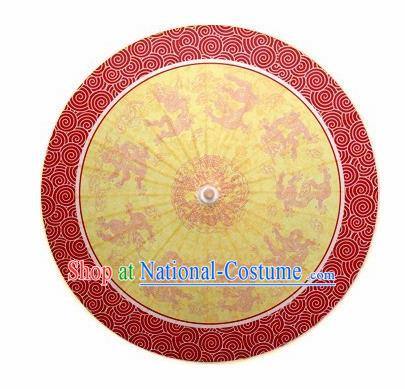 Chinese Handmade National Dragons Pattern Yellow Oil Paper Umbrella Traditional Umbrellas