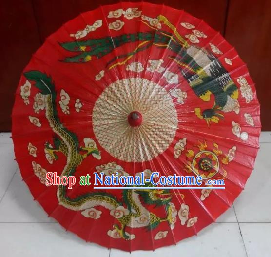 Chinese Handmade Printing Dragon Phoenix Red Oil Paper Umbrella Traditional Decoration Umbrellas